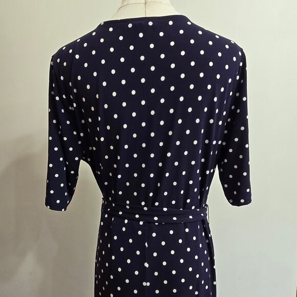 Chaus NY Women Classic Preppy Staple Navy White Polka Dot Faux Wrap Maxi Dress L - Picture 5 of 9